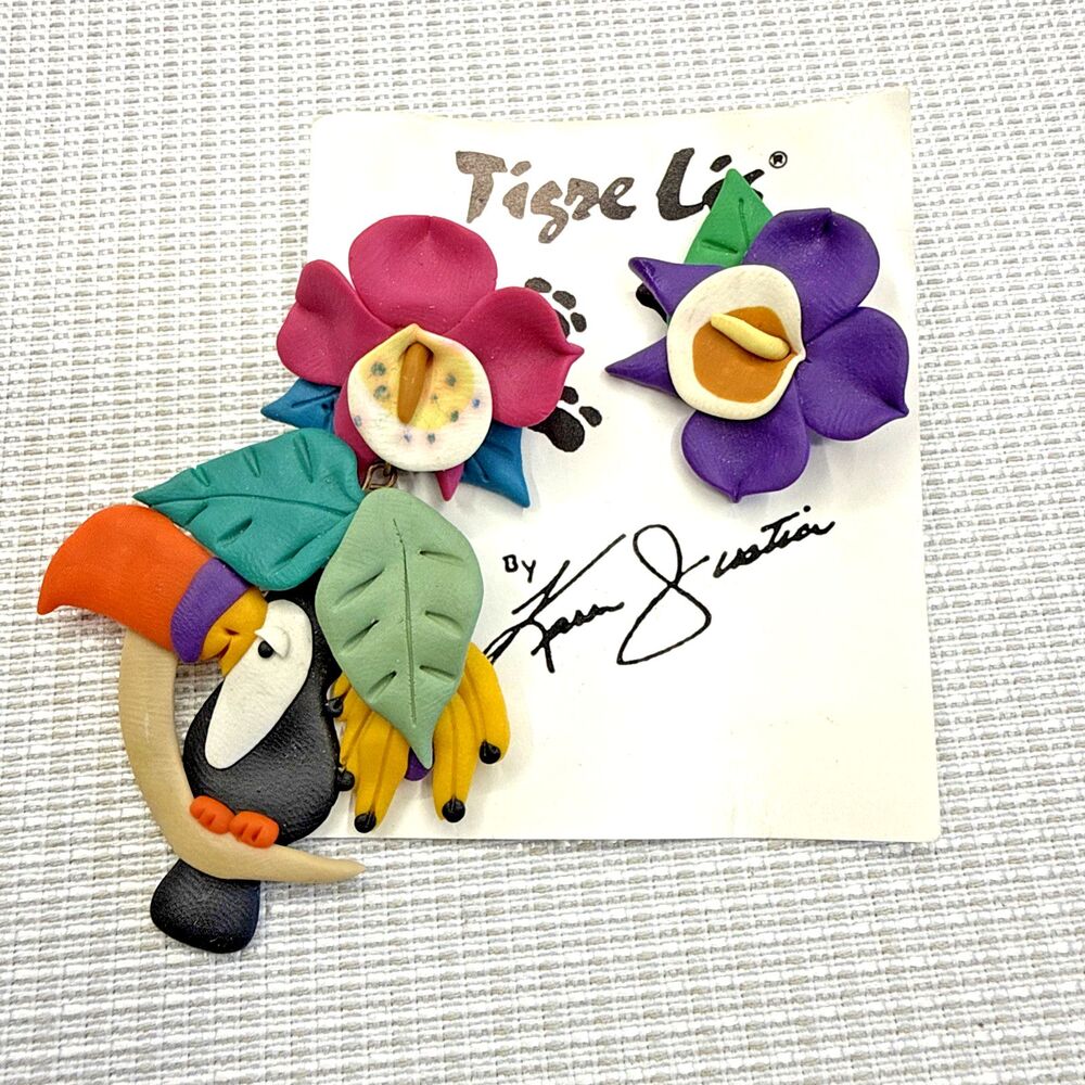 Vintage 1980's Tigre Lis Karen Justice Clay Earrings NOS Handmade Floral Toucan